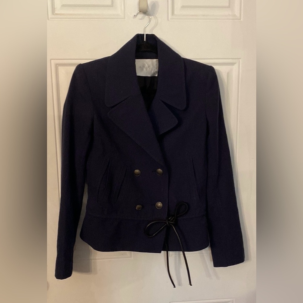 A.L.C. Navy Blue Virgin Italian Wool Blend Double Breasted Tie Jacket Blazer